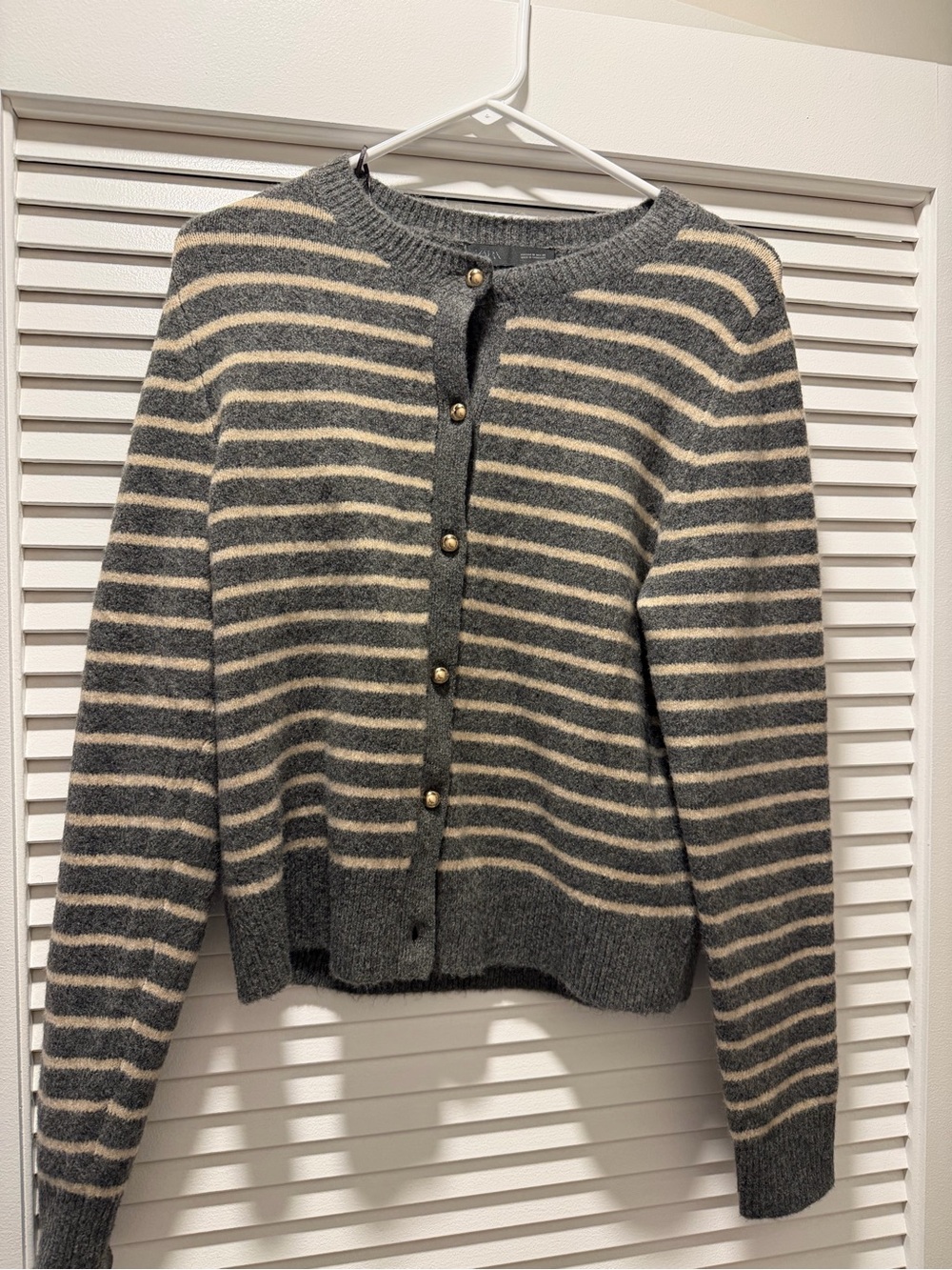 Zara Gray and Cream Striped Button-Front Cardigan